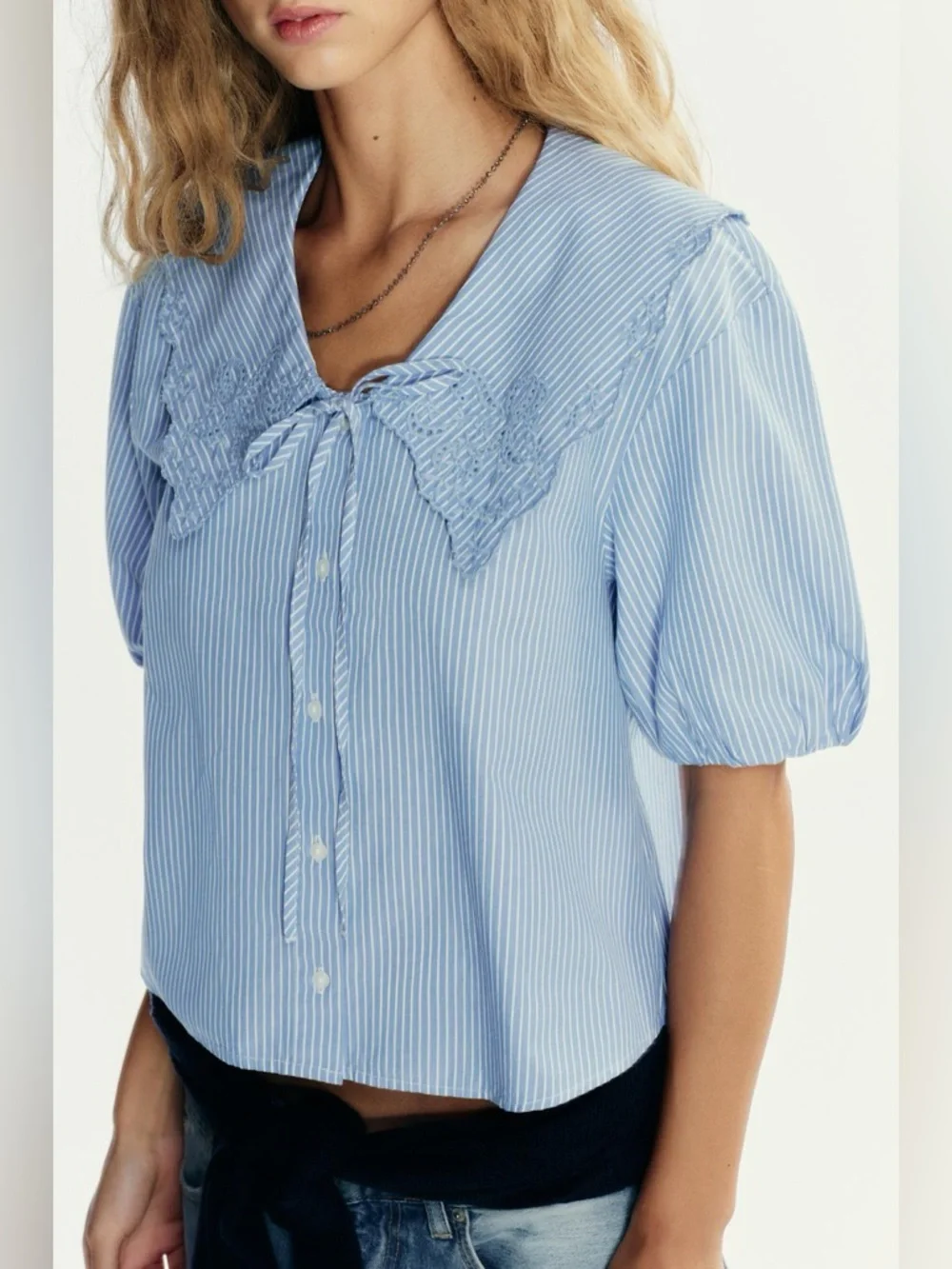 ZARA striped cotton shirt with peter-pan collar and embroidery, Loose fit XS NWT
